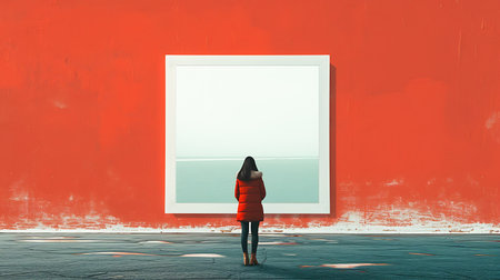 Woman standing in front of white frame on red wall. Mock upの素材