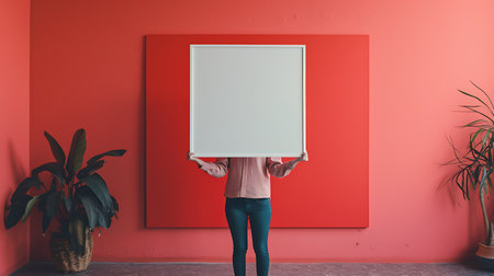Woman holding a blank poster in front of her face. Red wall backgroundの素材