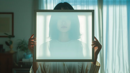 Young woman holding white frame in front of her face at home.の素材