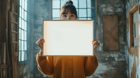 A girl in a yellow sweater holds a whiteboard in her hands.の素材