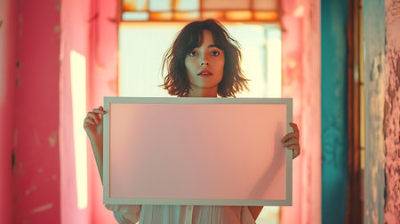 Portrait of a young beautiful woman holding a white sheet of paper.の素材