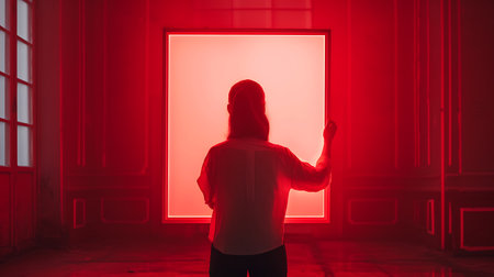 Woman in front of a glowing red door in a dark room.の素材