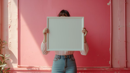 Woman holding blank white board with copy space on pink wall background.の素材