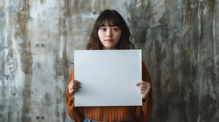 young asian woman holding a blank white board in front of her faceの素材
