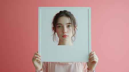 portrait of a girl with a white photo frame on a pink backgroundの素材