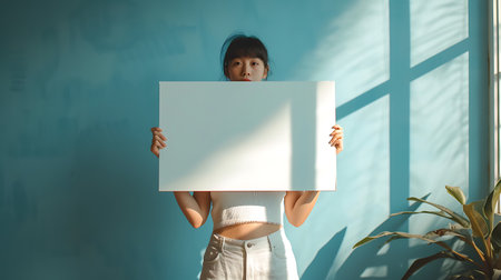 Young asian woman holding a blank white sheet of paper in the roomの素材