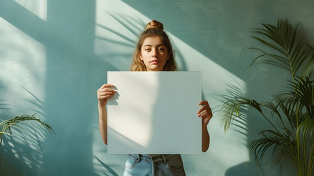 Photo pour portrait of young beautiful woman holding blank sheet of paper on blue background - image libre de droit