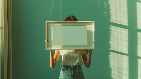 Young woman holding a picture frame in her hands. Empty space for text.の素材