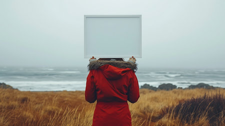 Woman in red coat with blank billboard on the beach during autumn seasonの素材