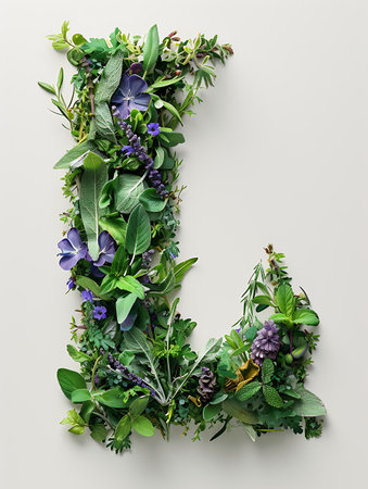 Letter J made of fresh herbs and flowers, top view. nature alphabetの素材
