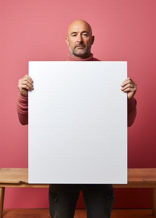 Mature bald man holding a blank white board on a pink backgroundの素材