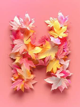 Autumn leaves letter on pink background. Letter K. 3d renderingの素材