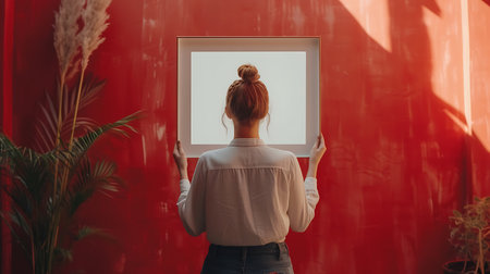 Rear view of a young woman holding an empty picture frame on a red wallの素材