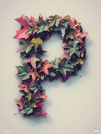Letter P made from autumn leaves. 3D illustration. Vintage style.の素材