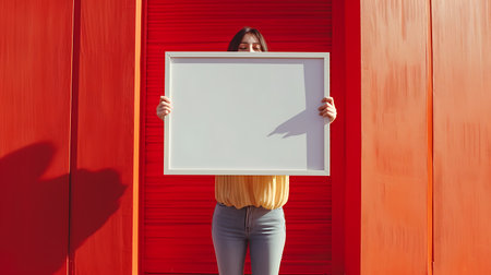 Woman holding whiteboard on red wooden wall background. Copyspace.の素材