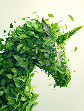 Unicorn made of green leaves. 3d illustration. 3d renderingの素材