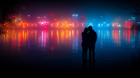 Silhouette of man and woman standing on the bank of the river at nightの素材