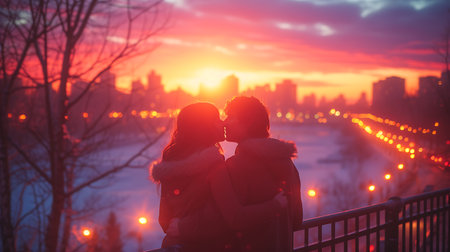 Romantic couple kissing in the city at sunset. Romantic date.の素材