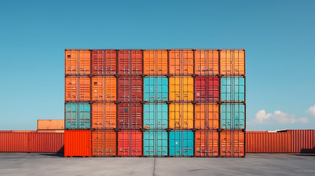 Boat Stack of colorful cargo containers background. Cargo freight transportation.の素材