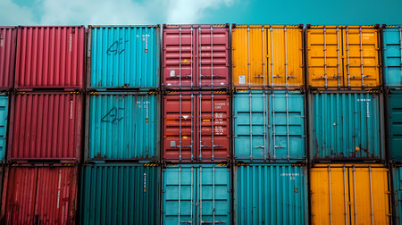 Boat Stack of colorful cargo containers background. Cargo freight transportation.の素材