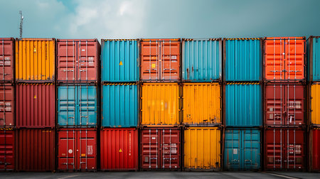 Boat Stack of colorful cargo containers background. Cargo freight transportation.の素材