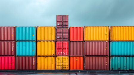 Boat Stack of colorful cargo containers background. Cargo freight transportation.の素材