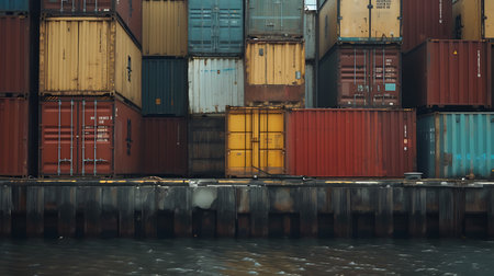 Boat Stack of colorful cargo containers background. Cargo freight transportation.の素材