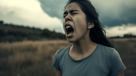 young beautiful hipster woman in the city street with backpack happy and excitedの素材