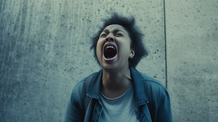 young beautiful hipster woman in the city street with backpack happy and excitedの素材