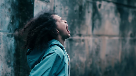 young beautiful hipster woman in the city street with backpack happy and excitedの素材