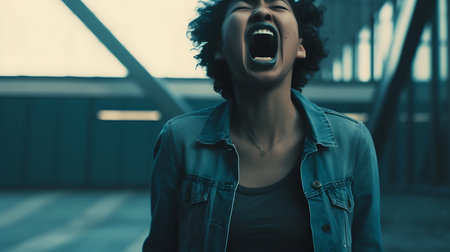 young beautiful hipster woman in the city street with backpack happy and excitedの素材