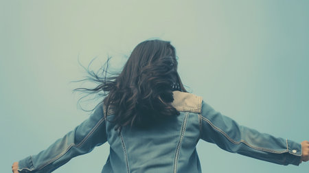 young beautiful hipster woman in the city street with backpack happy and excitedの素材