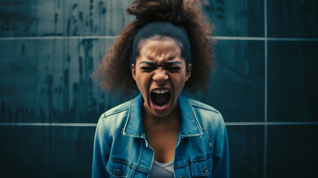 young beautiful hipster woman in the city street with backpack happy and excitedの素材