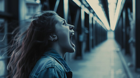 young beautiful hipster woman in the city street with backpack happy and excitedの素材