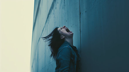 young beautiful hipster woman in the city street with backpack happy and excitedの素材