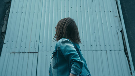 young beautiful hipster woman in the city street with backpack happy and excitedの素材