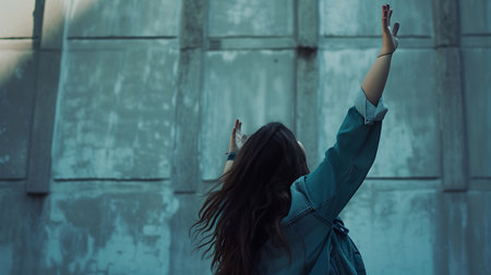 young beautiful hipster woman in the city street with backpack happy and excitedの素材