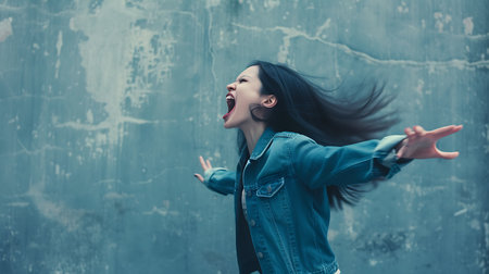 Portrait of a young woman screaming in front of an urban buildingの素材