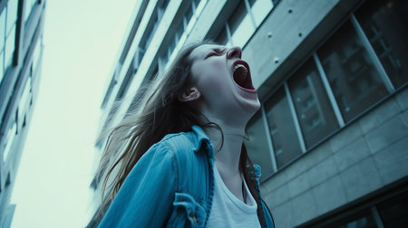 young beautiful hipster woman in the city street with backpack happy and excitedの素材