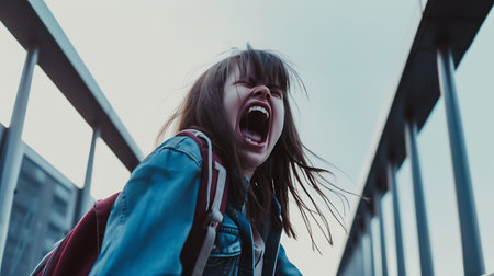 young beautiful hipster woman in the city street with backpack happy and excitedの素材