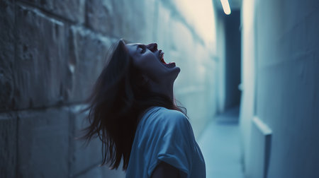 Portrait of a young woman screaming in front of an urban buildingの素材