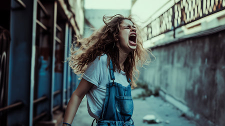 young beautiful hipster woman in the city street with backpack happy and excitedの素材