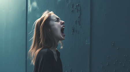 Portrait of a young woman screaming in front of an urban buildingの素材