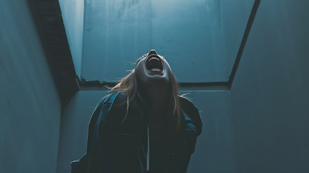 Portrait of a young woman screaming in front of an urban buildingの素材