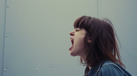 Portrait of a young woman screaming in front of an urban buildingの素材