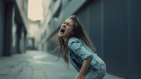 Portrait of a young woman screaming in front of an urban buildingの素材