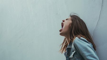 Portrait of a young beautiful girl in a jeans jacket on the street.の素材