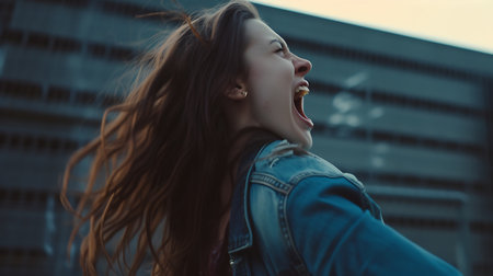 young beautiful long hair hipster woman in the city streets at sunsetの素材