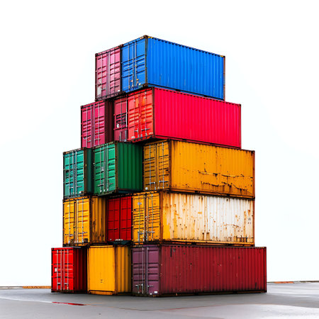Stack of Cargo Containers isolated on white background with clipping path.の素材