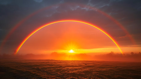 Colorful rainbow over a foggy field at sunrise in winter.の素材